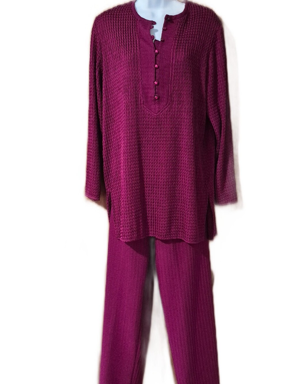 Three Flaggs Burgundy Waffle Knit Mediym Weight Two-Piece Set Small Vintage EUC